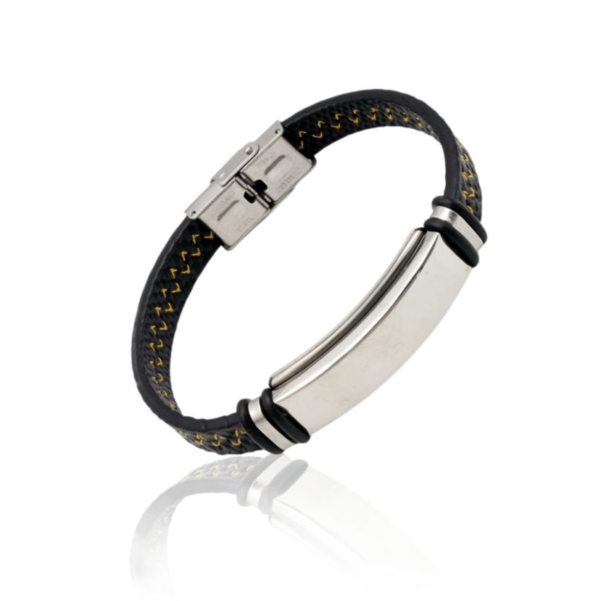 S.Steel Golden Stitched Leather With Plate Men 20g 