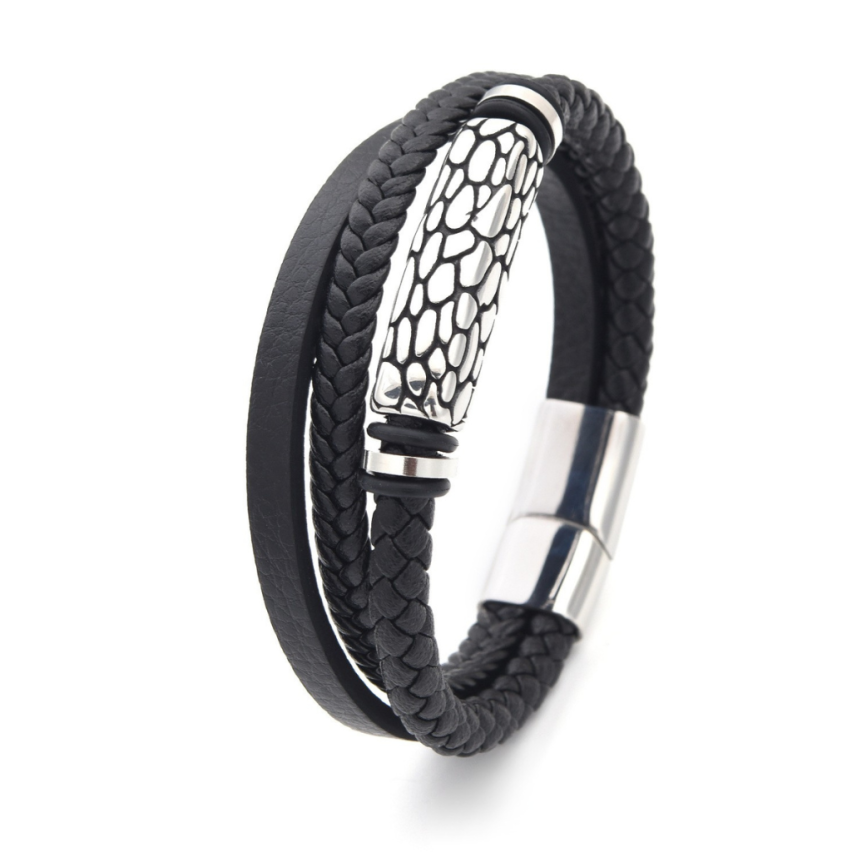 S.Steel New Black Leather Multilayer Men-x