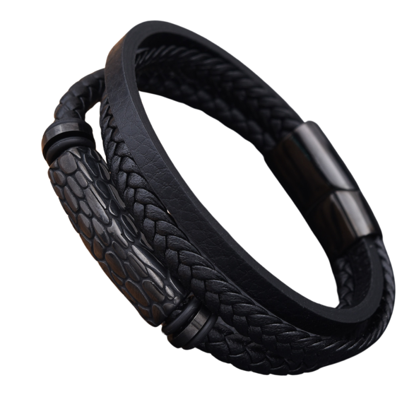 S.Steel New Black Plating Leather Multilayer Men-x