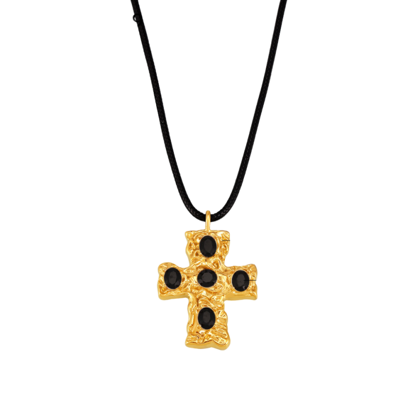 S.Steel New Gold Plating Black Glass stone Cross Women-c 15.3g 470+50x2mm