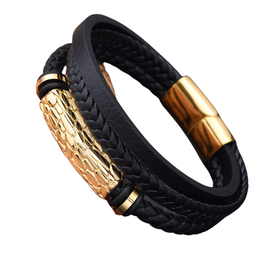 S.Steel New Gold Plating Black Leather Multilayer Men-x