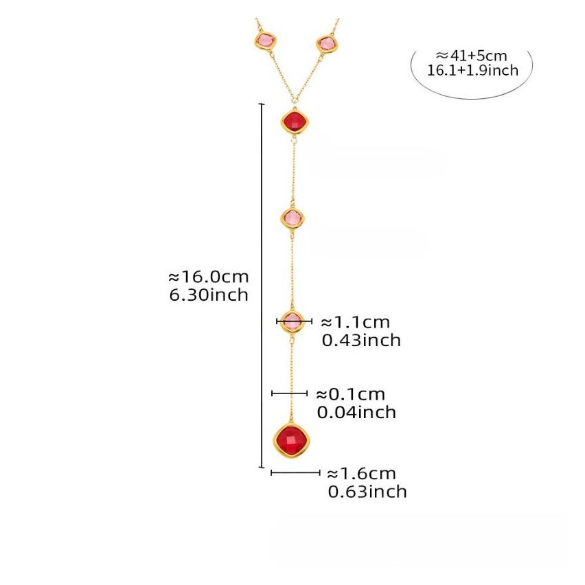 S.Steel New Gold Plating Red Glass stone Long Women-c 8.2g