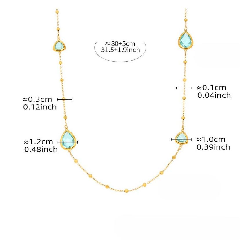 S.Steel New Gold Plating Lake blue Glass stone Long Women-c 10.5g