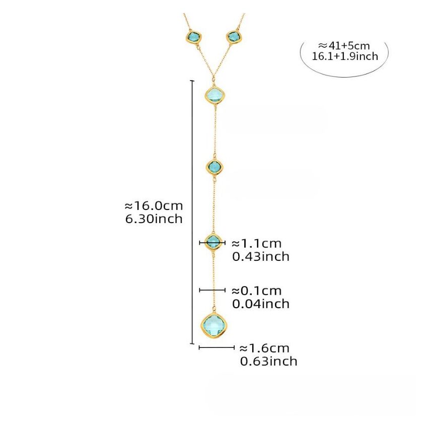 S.Steel New Gold Plating Lake blue Glass stone Long Women-c 8.2g