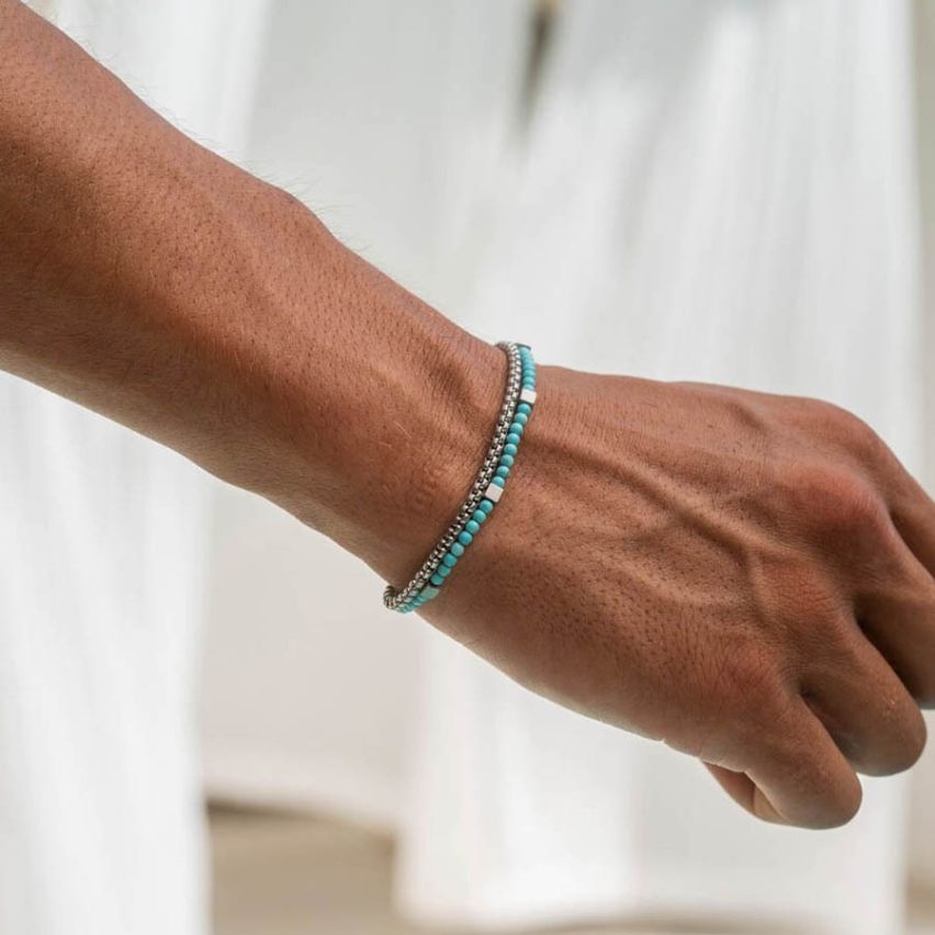 S.Steel New Lake blue Natural Stone Beads Men-c