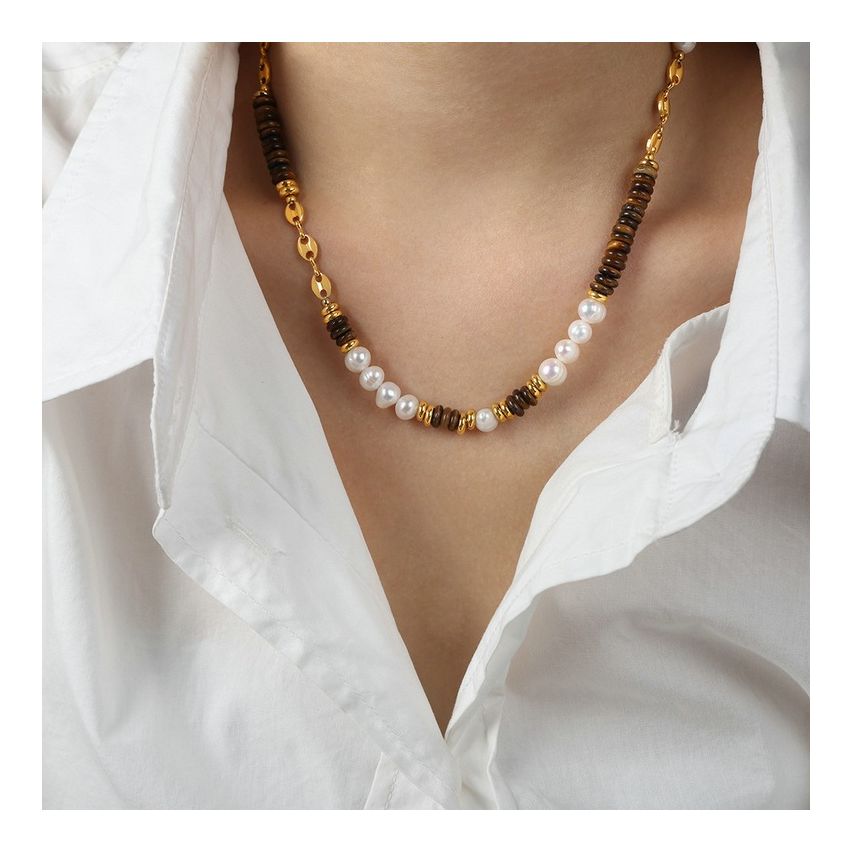 Gold Plating S.Steel and Tiger Eyes Pearls Pendant
