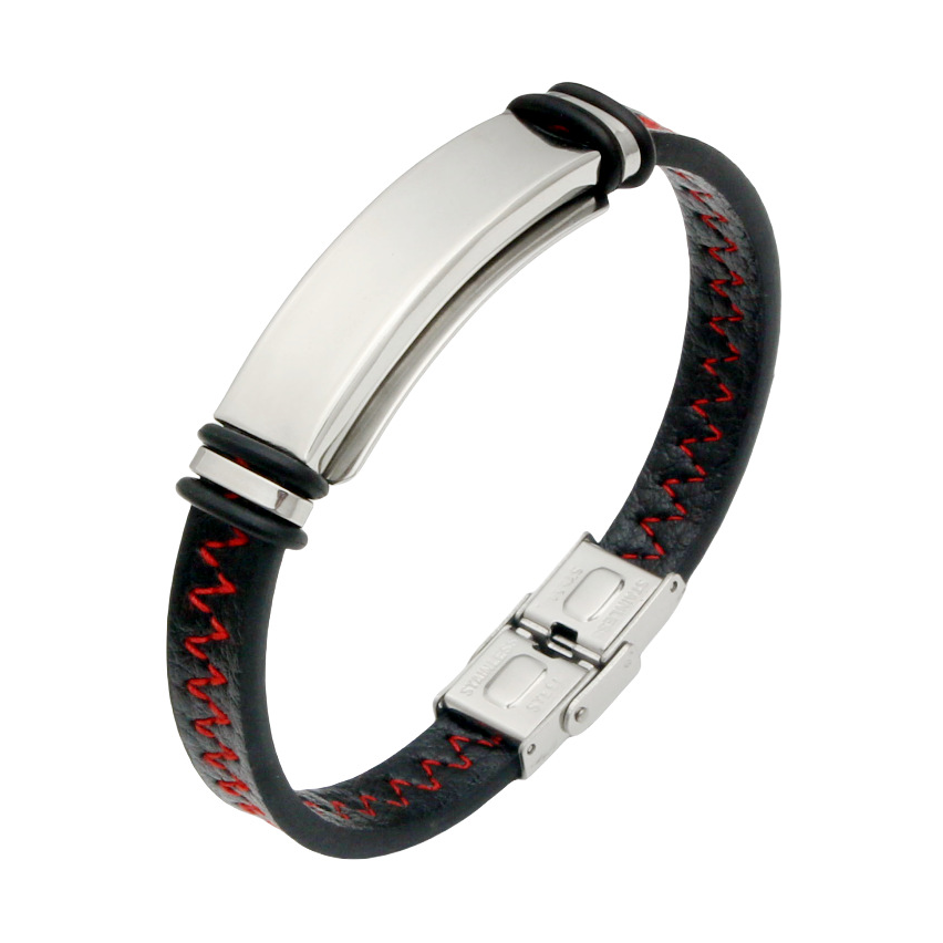 S.Steel Red Stitched Leather With Plate Men-c 25g