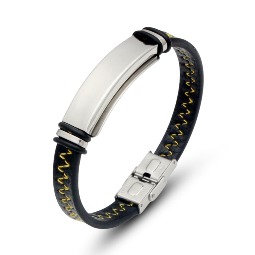 S.Steel Yellow stitching Leather With Plate Men-c 20g