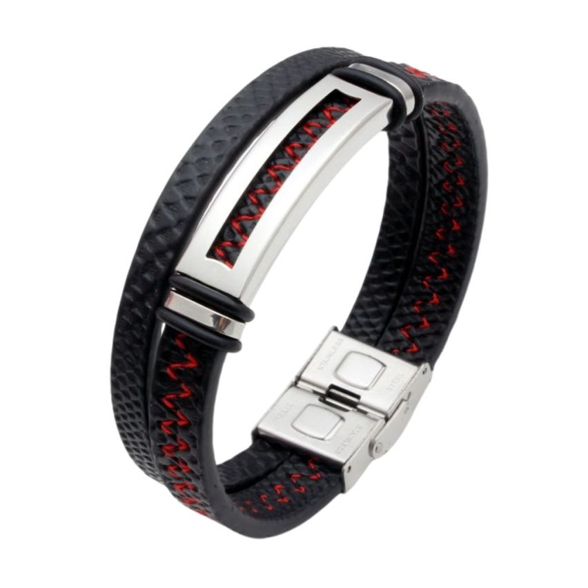 S.Steel Red Stitched Leather Men-c 22g