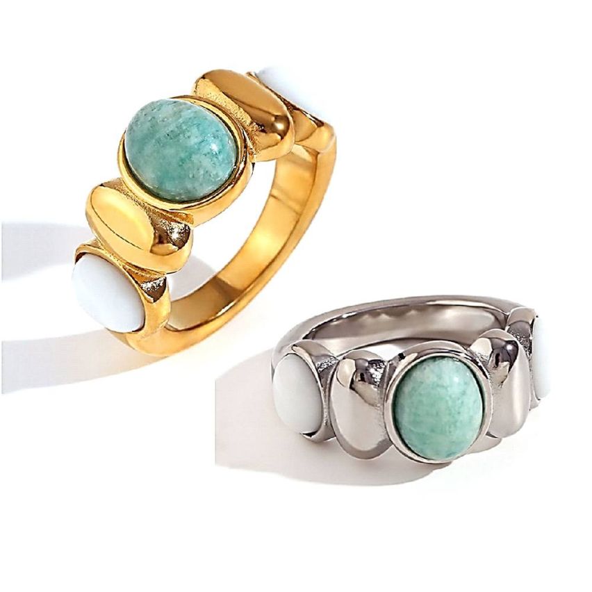 Steel Amazonite and White Jade Smooth Ring