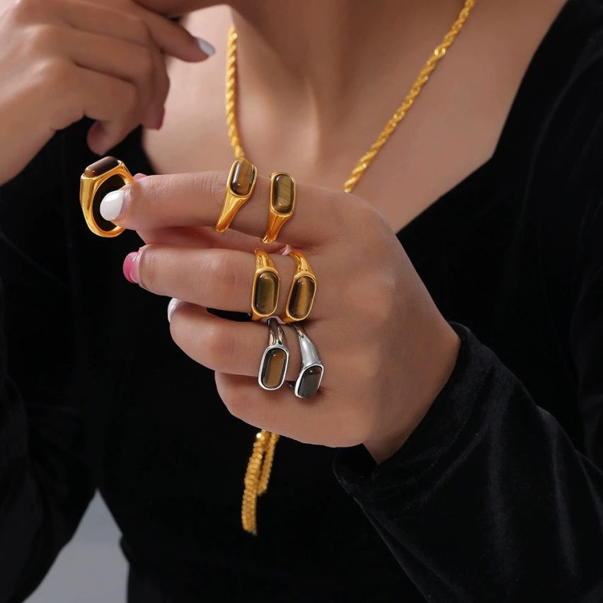 Shiny S.Steel and Tiger Eyes Smooth Ring