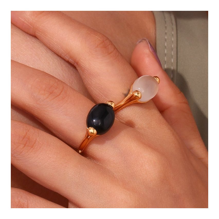 Gold Plating S.Steel and Agate Smooth Ring