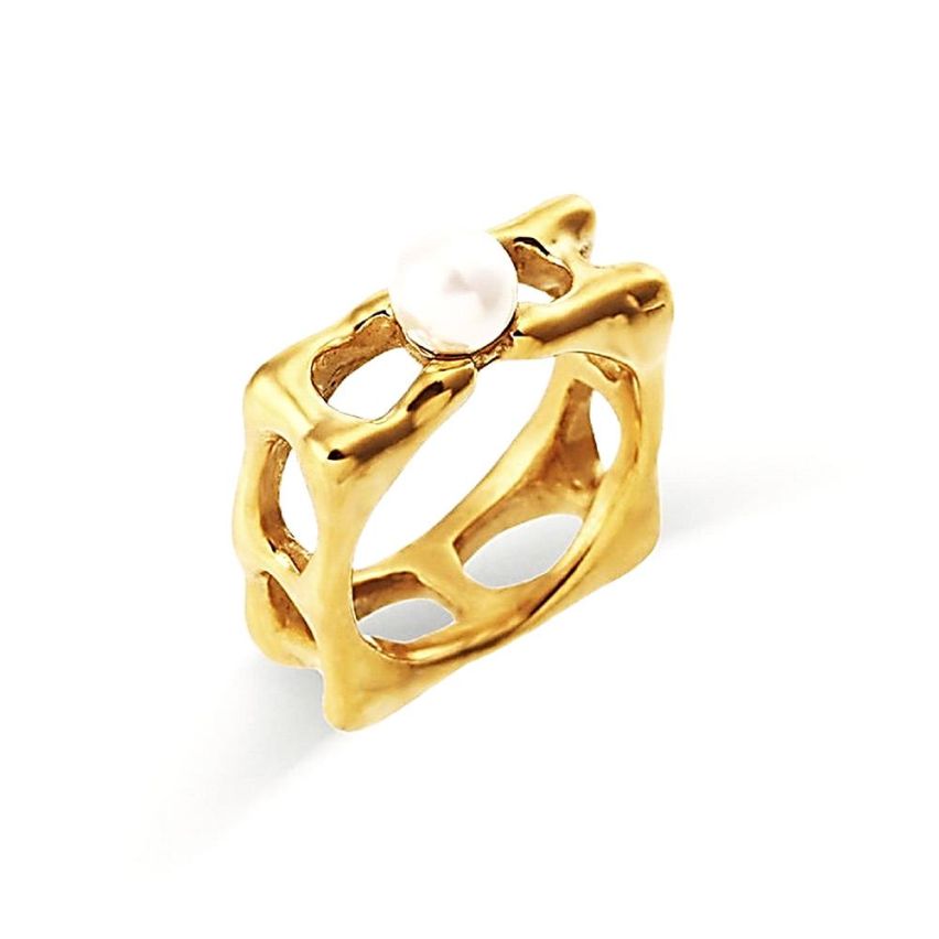 Gold Plating S.Steel and White Pearls Ring