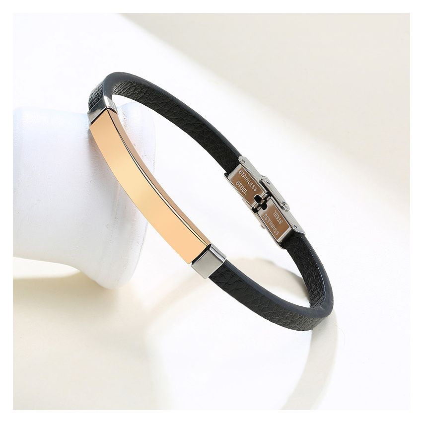S.Steel Rose gold Plating Leather With Plate Men-c 7.5g  - URBAN - S.Steel - Rose gold Plating - Leather - With Plate - Adjustable