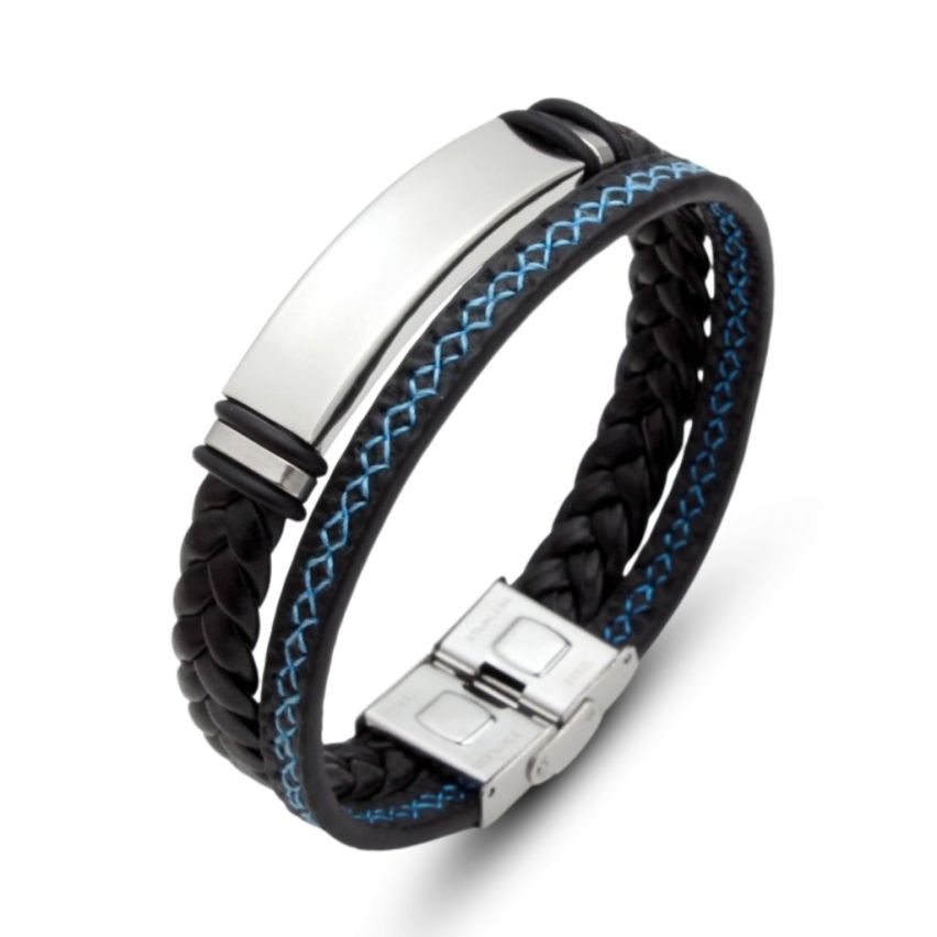 S.Steel Blue Stitched Leather Men-c 20g