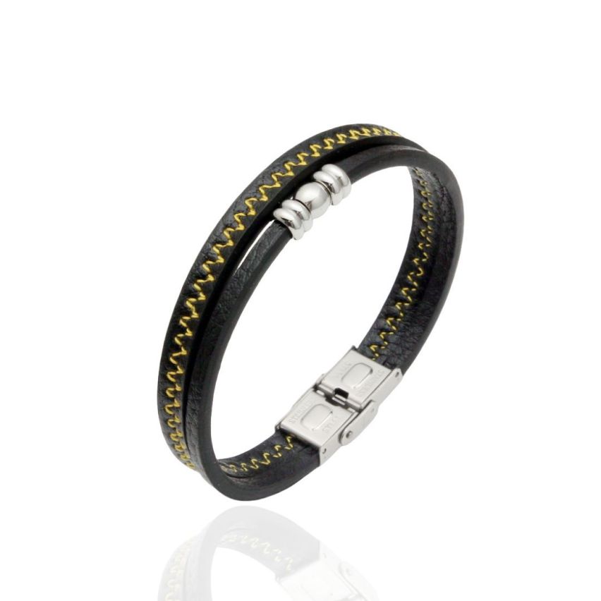 S.Steel Yellow Stitched Leather Men-c 20g