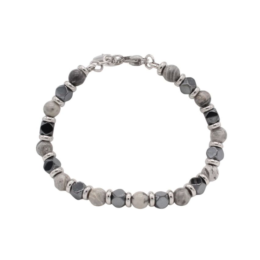 S.Steel Grey Natural Stone Beads Women-c 18g