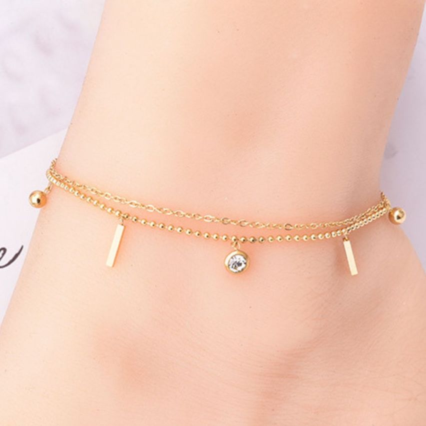 S.Steel Gold Plating Zircon Anklets Women-c